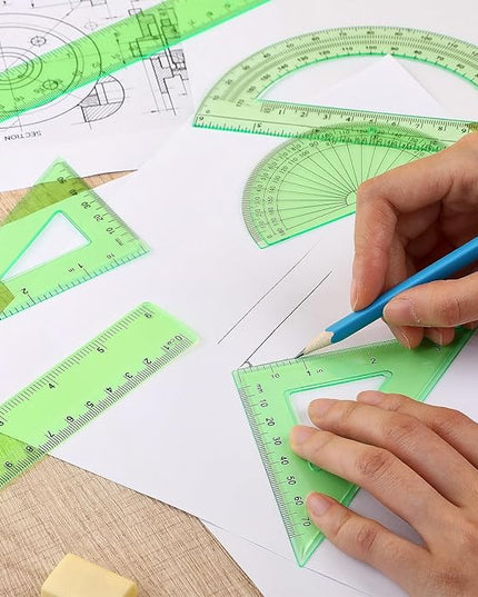 Tenare 1 Set Plastic Clear Math Set Includes Protractor Triangle Rulers 12 Inch 6 Inch Straight Geometry Math Transparent Ruler Measuring Tool for School Office Home Supplies (Green)
