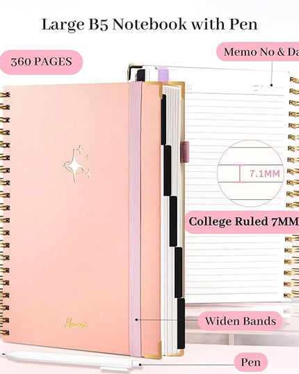 FLYING EAGLE Leather Spiral Notebooks for Work 5 Subject Notebook College Ruled with Dividers Pen, 360 Pages B5 Hardcover Lined Journals for Women Men Writing,Pink