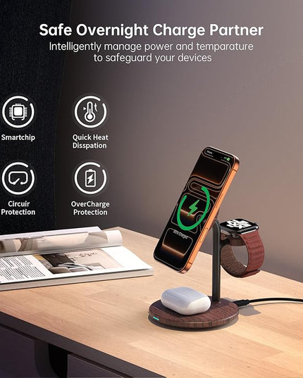XooFly 3 in 1 Wireless Charging Station for Apple Devices, Fast Wireless Mag-Safe Charger Stand with 20W Adapter for iPhone 17/16 15 14 13 12 Pro Max/Pro/Plus/Air/Mini,iWatch,AirPods,Brown Wood Grain