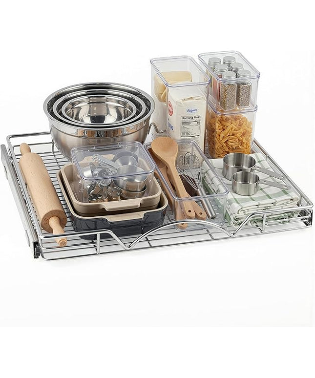 HOLDN’ STORAGE Pull Out Cabinet Organizer, Heavy Duty Caddy w/Lifetime Limited Warranty -26”W x 21”D - Requires At Least 27-1/4” Cabinet Opening, Steel Metal Cabinet Drawers Slide Out, Chrome