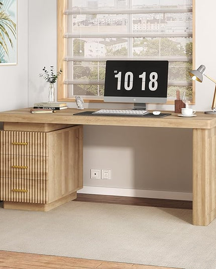 TVU Executive Desk with Drawers, Wooden Computer Desk with 3 Spacious Drawers，55 Inch Modern Office Desk Suitable for Study Room, Living Room, Bedroom, Office, Natural Wood Color