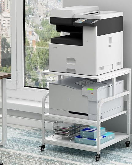 Printer Stand, 25.6" x 23.6" x 30.9" Extra Large Printer Table with Adjustable Storage Shelf, 3 Tier Rolling Printer Cart with Industrial Wheels for Home Office, White