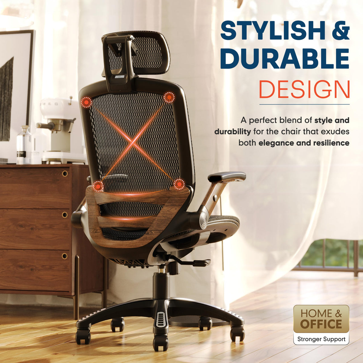 GABRYLLY Ergonomic Office Chair, High Back Home Desk Chair with 2D Flip-Up Arms, 3D Headrest, 90-120° Tilt and Wide Cushion, Big and Tall Mesh Chairs for Man Woman, Computer Task Chair Dark Wood Grain