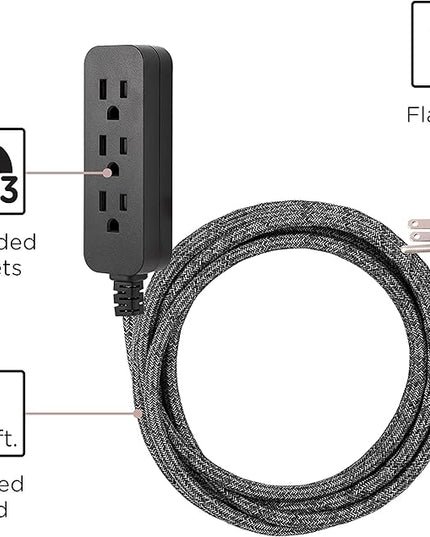 Cordinate 3-Outlet Power Strip Extension Cord with Multiple Outlets 15 Ft Braided Long Cord, Grounded Flat Plug, ETL Listed Gray 50012