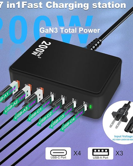 USB C Charger Block 200W 7 Port GaN Fast Charging Block Station, Multiport PD QC3.0 Brick Hub Compatible with Laptop MacBook Pro/Air, iPad, iPhone 17/16/15, Galaxy S23/22, DELL, Steam Deck(Black)
