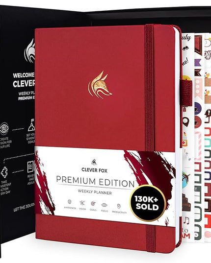 Clever Fox Planner Premium Edition – Undated Luxurious Weekly & Monthly Planner to Increase Productivity and Hit Your Goals – Organizer – Start Anytime, A5, Lasts 1 Year, Red (Weekly)