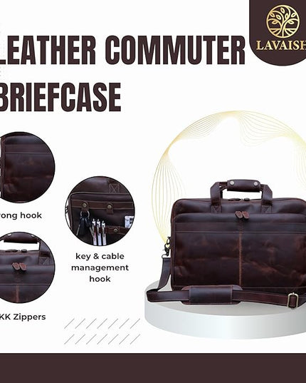 LAVAISH Handmade Full-Grain Leather Briefcase for Men & Women–17" Laptop Bag with Computer Compartment Office Satchel Bag
