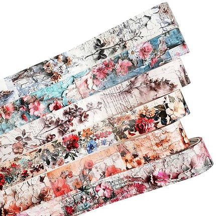 AuriicLeaf Vintage Floral Washi Tape Set – 6 Rolls, 2M Non-Repeating Flower Collage Designs, Decorative Craft Tape for Scrapbooking, Journals, Planners with Accessory Clip Included
