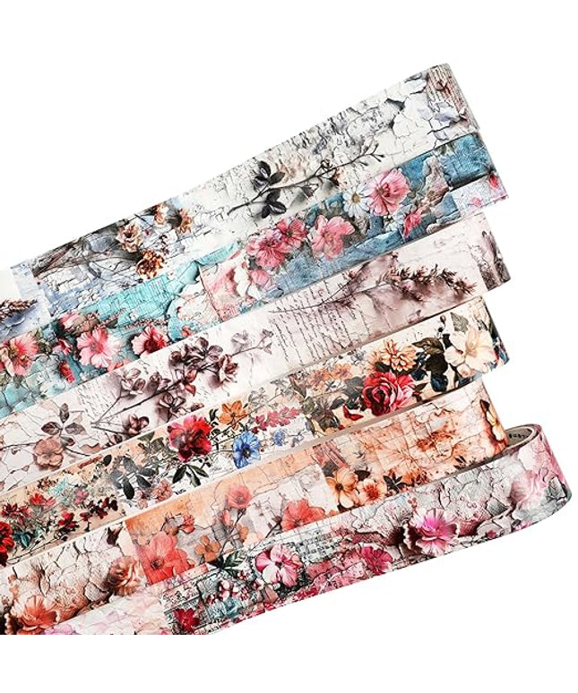 AuriicLeaf Vintage Floral Washi Tape Set – 6 Rolls, 2M Non-Repeating Flower Collage Designs, Decorative Craft Tape for Scrapbooking, Journals, Planners with Accessory Clip Included