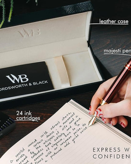 Wordsworth & Black Majesti Fountain Pen-(Red), Luxury Case, 24K Gold Finish; 18K Gilded Extra Fine Nib- Ink Cartridges, Refillable Ink Converter-Calligraphy Pen-Best Business Gift Set for Men & Women