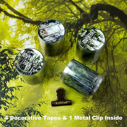 AuriicLeaf Forest Adventure Transparent PET Scrapbook Tape Set with Clip - 4 Rolls Tree and Landscape Scenery Design Stickers for Journals Planners Crafts and Gift Ideas