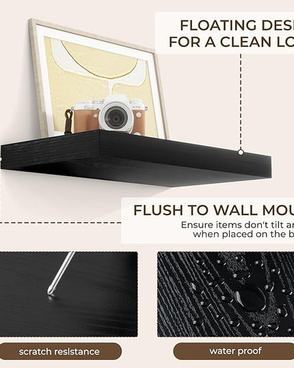 RICHFOCUS 16Inch Floating Shelves for Wall 2 Pack Shelves for Bedroom|Kitchen|Bathroom Wall Mounted Rustic Wood Floating Shelf with Invisible Brackets for Books|Storage|Decor, Black