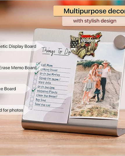 Magnetic Bulletin Board with Stand – Small Dry Erase Memo Board – Tabletop Metal Easel for Magnet Display – Mini Home Decor – 8x8 Inches + 2 Magnets