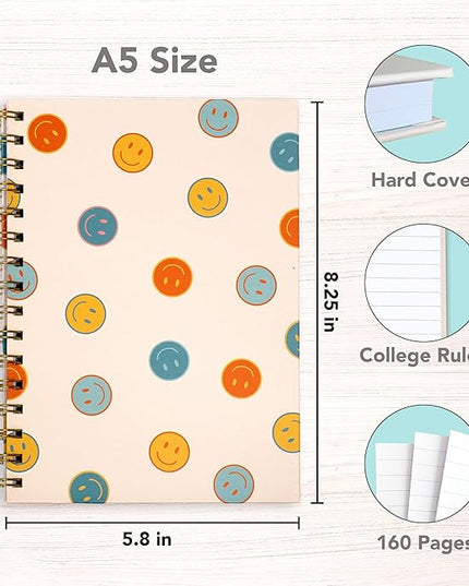 Cute Notebooks for School 4 Pack, A5 5.8 x 8.3 inch Happy Face Hardcover Notebooks for Work, Retro Aesthetic Notebooks College Ruled, Cute Spiral Journal for Women, Back to School Notebook for Kids