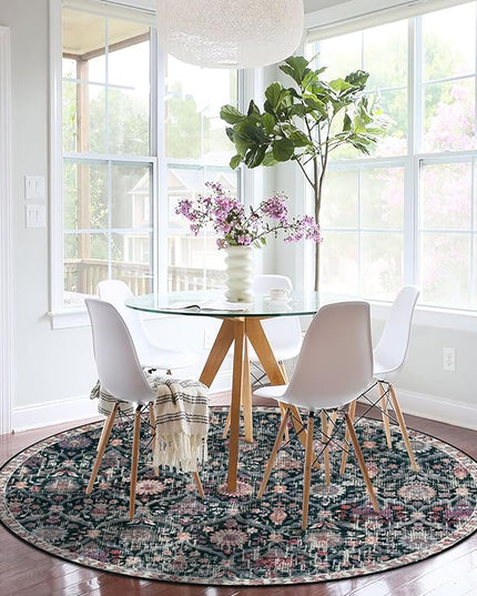 Lahome Moroccan Trellis Washable Round Area Rug, Soft Round Rugs 6ft Ultra-Thin Non-Slip, Vintage Large Circle Carpet for Bedroom Living Room Kitchen Nursery, Black/Multi