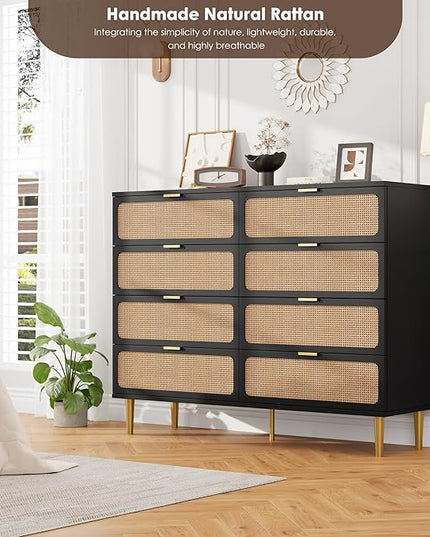 Garvee Rattan Dresser with 8 Drawers, Tall Modern Closet with Deep Storage, Large Chest of Drawers with Wide Top, Long Wooden Dresser for Bedroom, Living Room, Hallway, Kids Room, Black