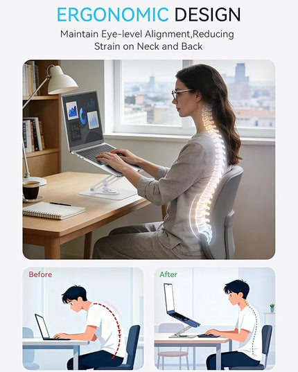 SOUNDANCE Laptop Stand with 360° Rotating Base, Ergonomic Computer Riser for Desk, Adjutable Height Muti-Angle, Foldable Laptop Mount, Stable Metal Holder Support 10-15.6" Notebook PC, White