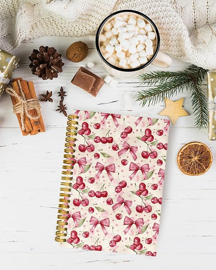 JKMBN Coquette Pink Bow Cherry Spiral Notebook for Women Girls, Vintage Journaling Notebooks, Cute Pink Notebook Journal, Pink Office Supplies, Hardcover Spiral Lined Notebook 5.5 x 8.3