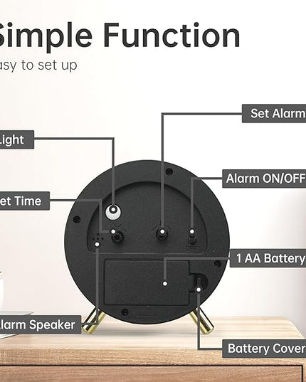 Analog Alarm Clock, 4 inch Super Silent Non Ticking Small Clock with Night Light, Battery Operated, Simple Design, easy setting for Office, Bedroom, Bedside, Desk, teens, elders, kids, adult, White