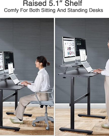 AVLT Clamp Desk Shelf Dual 32" Monitor Riser With Slide-out Holder for Convertible Laptop, Tablet, Smartphone (Black) - Floating Stand (Clamp-On Shelf Only)