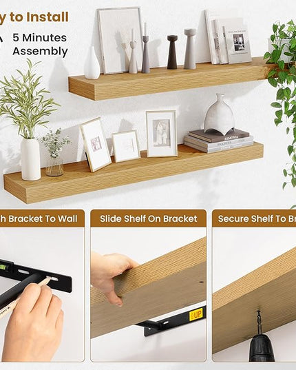 Fun Memories Floating Shelves for Room Wall, 36 Inch Long Shelf Set of 2， Hanging Wood Shelves for Storage & Display, Oak