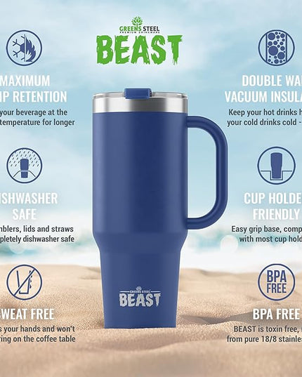 Beast 50 oz Tumbler with Handle Stainless Steel Vacuum Insulated Coffee Ice Cup Double Wall Travel Flask (Royal Blue)