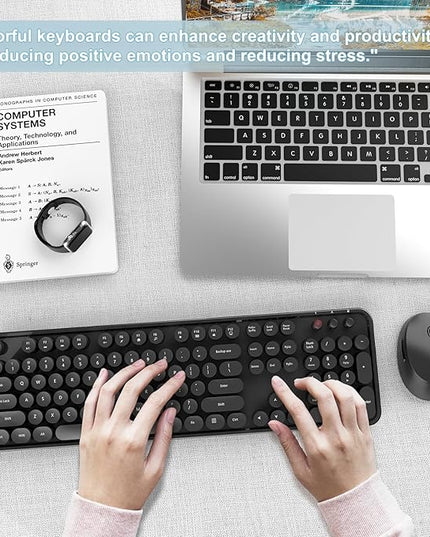 Wireless Keyboard and Mouse Combo, Ergonomic Full Size Typewriter Retro Round Keycaps Keyboard, Compatible with Windows, PC, Perfer for Home and Office Keyboards (Black