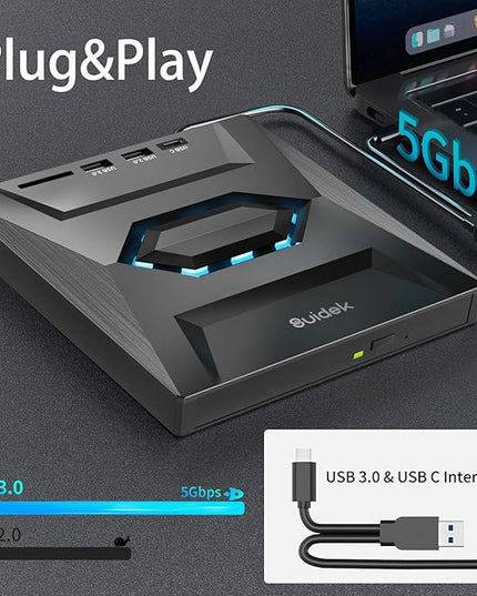 External CD DVD Drive for Laptop, USB C Portable CD/DVD +/-RW Burner DVD Player with SD Card Reader USB 3.0 Type C Hub Compatible with Laptop PC Windows Linux