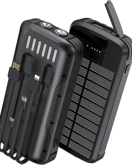 Solar Charger Power Bank, PD 20W Fast Charging External Batter, 40000mAh Portable Phone Charger Built in 4 Cables with Dual Bright Flashlights for Camping, Hiking, and Outdoor Use (Black)