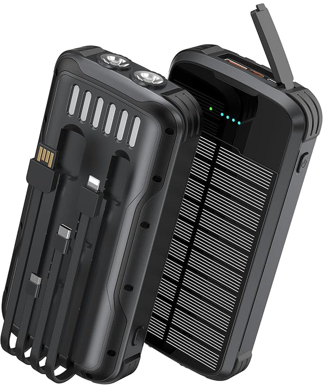 Solar Charger Power Bank, PD 20W Fast Charging External Batter, 40000mAh Portable Phone Charger Built in 4 Cables with Dual Bright Flashlights for Camping, Hiking, and Outdoor Use (Black)
