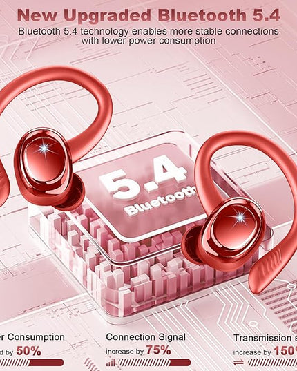Wireless Earbuds Sport, New Bluetooth 5.4 Headphones with Earhooks, 50H Stereo Deep Bass Over Ear Buds with 4 ENC Noise Canceling Mics, IP7 Waterproof Earphones for Running Workout Gym -Red