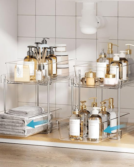 Vtopmart 2 Tier Bathroom Storage Organizer, 2 Pack Clear Under Sink Organizers Vanity Counter Container, Cabinet Drawers Bins, Pull-Out Organization with Track for Pantry, Kitchen