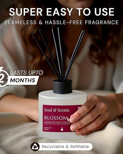 Soul & Scents Reed Diffuser Set – Blossom | 7.43 oz Refillable Scented Oil with 6 Fiber Sticks | Long-Lasting Home Fragrance & Air Freshener for Bedroom, Bathroom, Office | Gift & Décor Piece