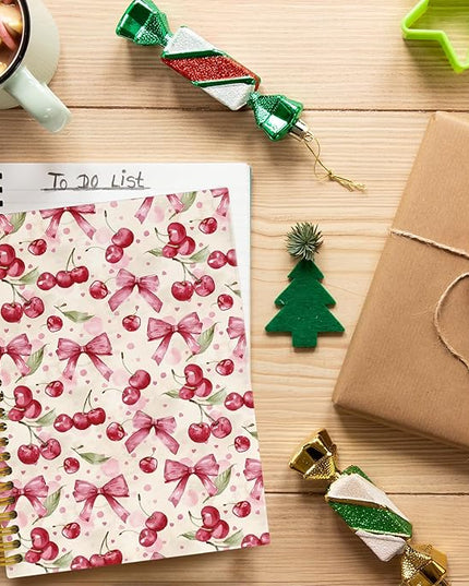 JKMBN Coquette Pink Bow Cherry Spiral Notebook for Women Girls, Vintage Journaling Notebooks, Cute Pink Notebook Journal, Pink Office Supplies, Hardcover Spiral Lined Notebook 5.5 x 8.3