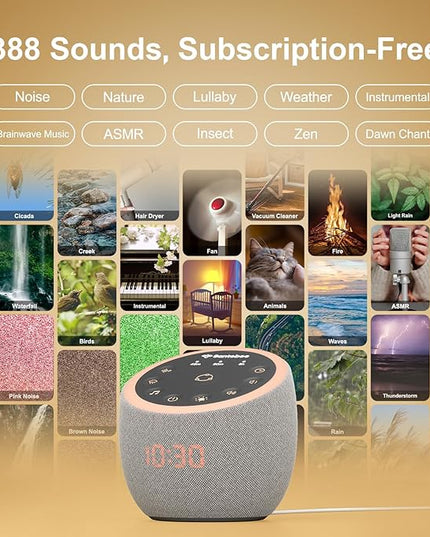 White Noise Sound Machine for Sleeping, 388 Soothing Sounds, Smart APP Control, Custom Buttons, Non Looping Natural Sounds, Bedside Dimmable Clock, Night Light, Santebee for Adults Baby Kids Lullaby