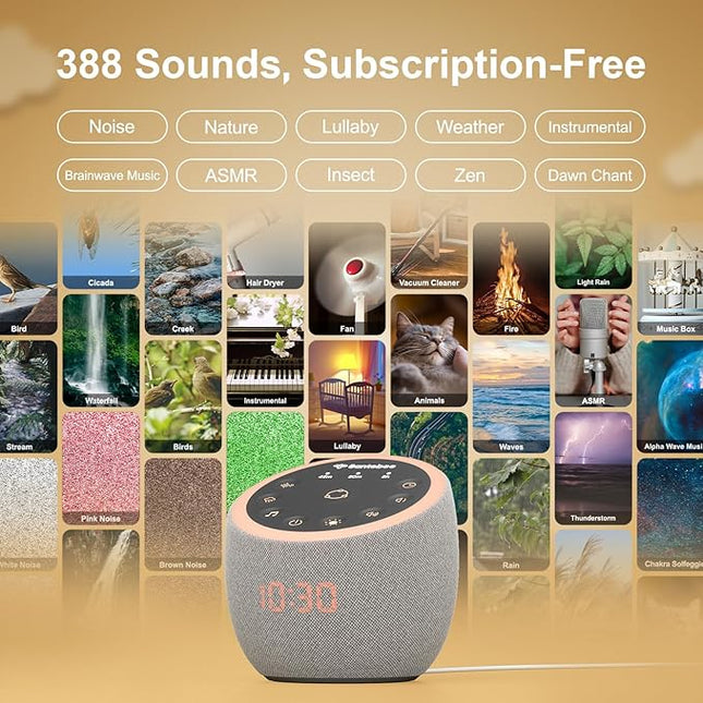 White Noise Sound Machine for Sleeping, 388 Soothing Sounds, Smart APP Control, Custom Buttons, Non Looping Natural Sounds, Bedside Dimmable Clock, Night Light, Santebee for Adults Baby Kids Lullaby
