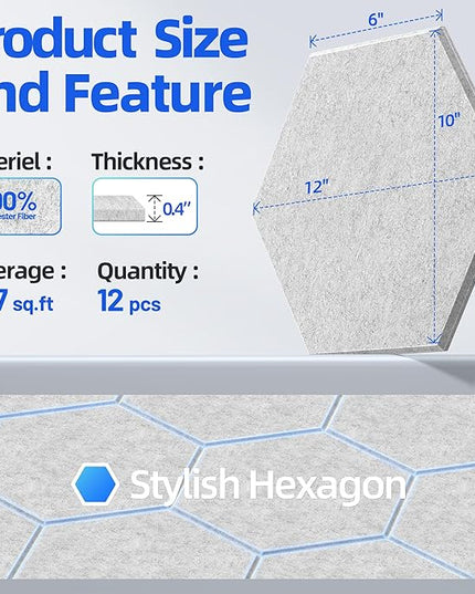 12 Pack Hexagon Acoustic Panels with Self-Adhesive, 12" X 10" X 0.4" Sound Proof Foam Panels for Walls, High Density Soundproof Wall Panels, Sound Dampening Panels for Home Studio Decor Office - Gray