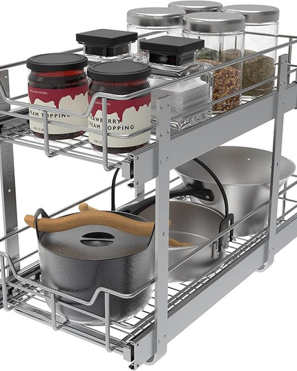 2 Tier Pull Out Cabinet Organizer 11" W X 22" D, Slide Out Drawers For Kitchen Cabinets, Pull Out Drawers For Cabinets Capacity Heavy Duty Caddy, Cabinet Pullout Shelves Chrome-Plated, Bathroom Pantry