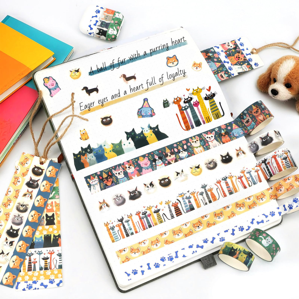 KOVANO Washi Tape Set 14 Rolls, Cute Animal Decorative Tape, Cats Puppies Pugs Designs Washi Tapes for Scrapbooking Supplies, Journaling Supplies, Crafts