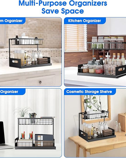 Under Sink Organizer, 2 Tier Pull-Out Cabinet Storage Shelf, Rust-Resistant Metal Organizer for Kitchen Bathroom Laundry Room, No Tools Installation, 1 Pack Black