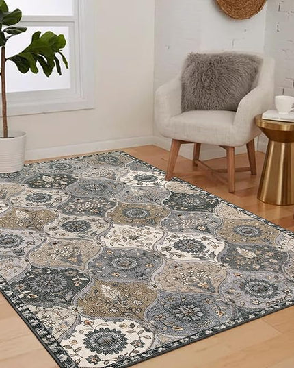 Lahome Moroccan Trellis Washable Area Rugs, 3x5 Rug for Bedroom Entryway Indoor Non-Slip, Small Oriental Accent Carpet for Living Room Kitchen Bathroom Office, Grey