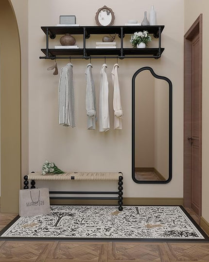 Wall Mounted Clothes Rack 12 Inch Deep, 60 Inch Heavy Duty Garment Rack with Real Black Wood Shelf, Multi-Purpose Hanging Rod & Space-Saving Closet Storage Organizer
