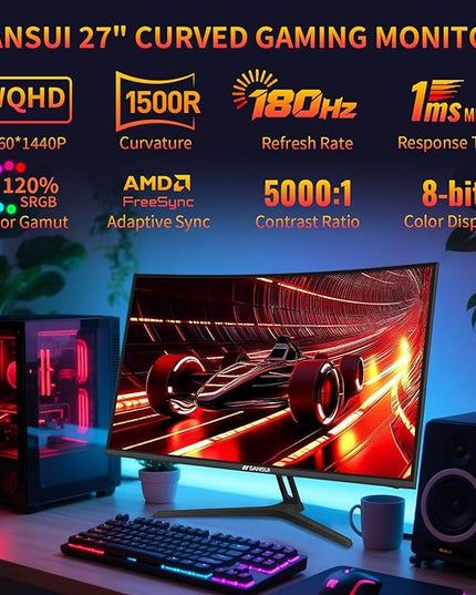 SANSUI 27 Inch WQHD 2560X1440 Curved Gaming Monitor, 180Hz MPRT 1ms Computer Monitor,HDMI2.0 * 2, DP1.2 * 2, Freesync, Curved 1500R, 5000:1 Contrast Ratio, 120% sRGB,HDR(ES-G27C1Q DP Cable Included)