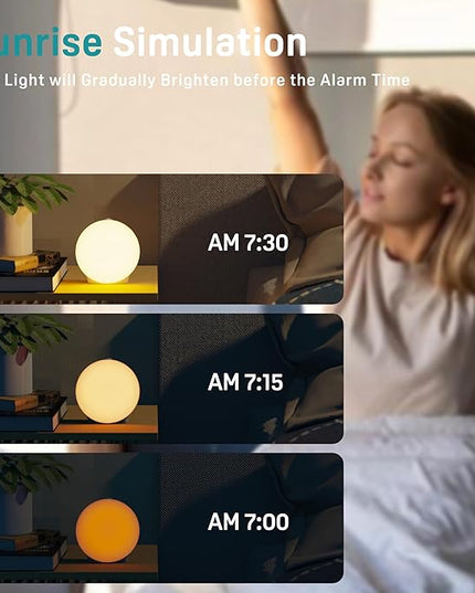 JALL Wake Up Light Sunrise Alarm Clock for Kids, Heavy Sleepers, Bedroom, White Noise Sound Machine with 17 Nihgt Lights, 25 Soothing Sounds, Bluetooth Speaker, Dual Alarms, FM Radio, Wood Grain