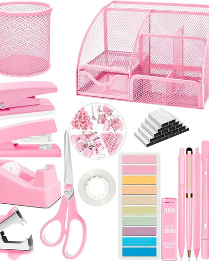 Pink Office Supplies, 17Pcs Pink Desk Accessories Set Include Stapler, Mesh Desk Organizer, Tape Dispenser, Staple Remover, Pen Holder, Clips, Pens, Ruler, for Office Home School Women Students Gift