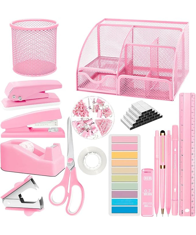 Pink Office Supplies, 17Pcs Pink Desk Accessories Set Include Stapler, Mesh Desk Organizer, Tape Dispenser, Staple Remover, Pen Holder, Clips, Pens, Ruler, for Office Home School Women Students Gift