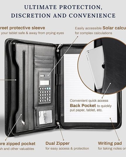 Cossini Black Superior Vegan Leather Business Portfolio with Zipper – Padfolio All-in-One. Smartest Protective 10.1 Inch Tablet Sleeve, Presentation Slot, Solar Calculator, Card Storage, Writing Pad