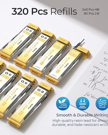 Nicpro Blocky Gear 0.9 mm Mechanical Pencils Set in Case, 3 Pack Metal Pencil 8 Tube with Lead Refills 0.9mm (HB 2B), 3 Erasers for Professional & Adult Art Writing Drafting Drawing
