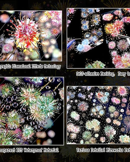 Holographic Fireworks Stickers for Journaling and Crafts, 12 Sheets Transparent PET Stickers for Scrapbooking, Junk Journal Supplies, Collage, DIY Paper Arts Decorative
