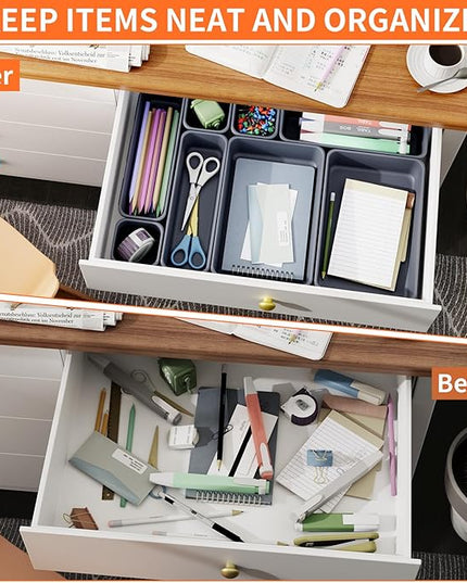 45 Pack Desk Drawer Organizer Tray, 3 Sizes Plastic Drawers Organizer Storage for Kitchen, Bathroom, Office, Vanity, Makeup, Utensils, Junk Drawer Organizer Bins, Gadget Trays for Organizing, Grey